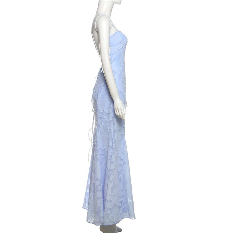 שמלת מקסי שיפון בעיטור רקמת עלים קשירה בגב להצמדה במותן - מונה ליז