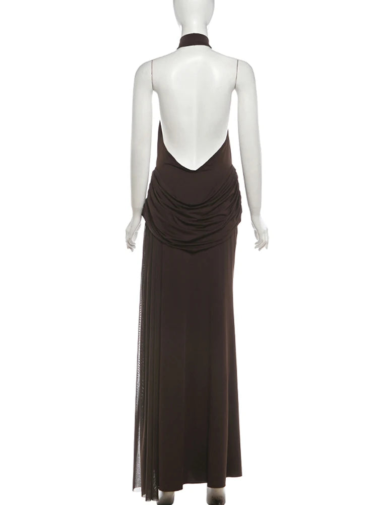 Open-back collar maxi dress with pleats and slit design - Bianca