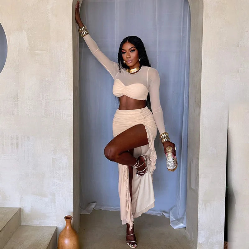 סט שני חלקים בעיצוב כיווצים טופ וחצאית מקסי מלמלה בעיטור שסע - Fernanda