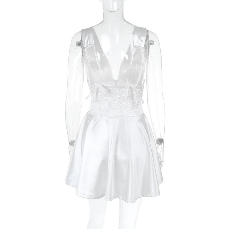 שמלת מיני סאטן בעצוב כיווצים קשירה בכתפיות - Celia