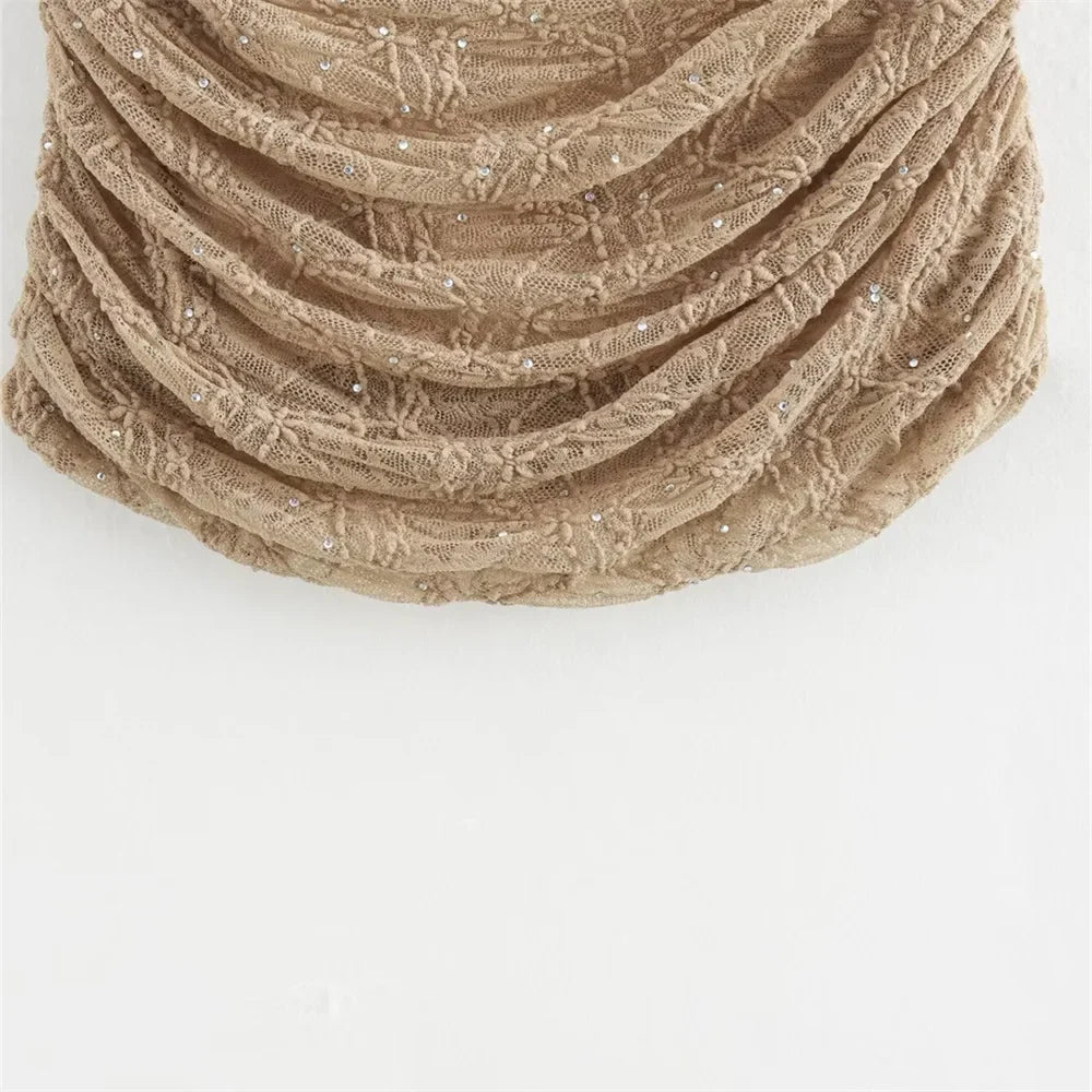 סט שני חלקים טופ כתפייה אחת וחצאית מידי בעיצוב קפלים תחרה בעיטור זרקונים - MELLISA