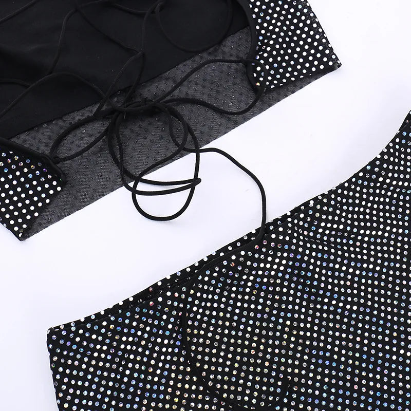 סט שני חלקים חצאית מקסי וטופ בעיטור זרקונים מנצנצים - שייני