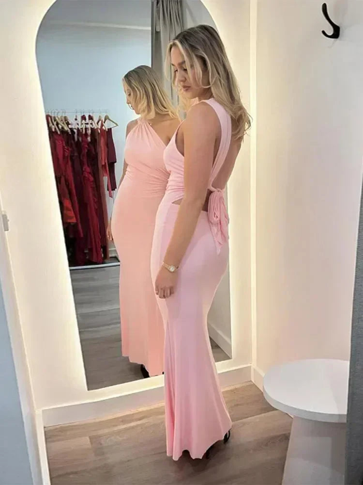 שמלת מקסי קשירה בגב - BABY PINK