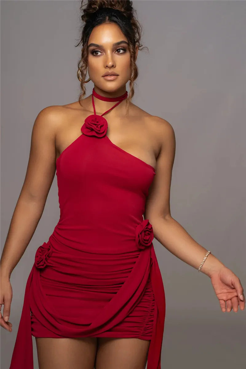 שמלת מיני כיווצים בעיצוב קשירה בצוואר בעיטור אפליקציות פרחים - ג'סמינה