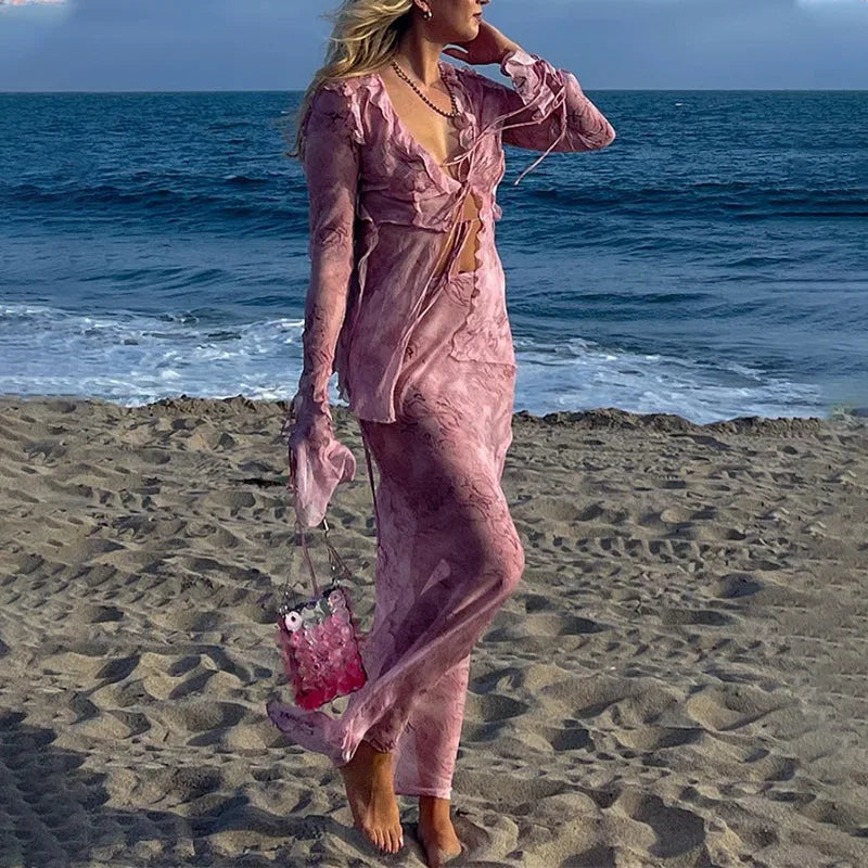 סט חוף שני חלקים חצאית מקסי וחולצת קשירה בעיטור מלמלה - זאמביה