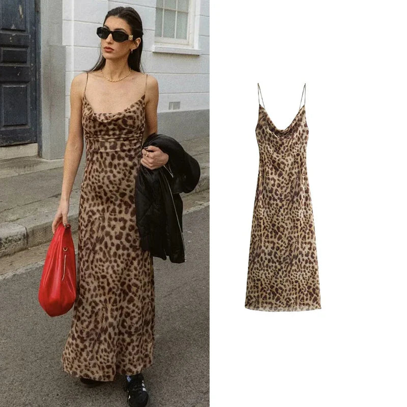 שמלת מקסי שיפון מנומרת אלגנטית גב פתוח - טירנה