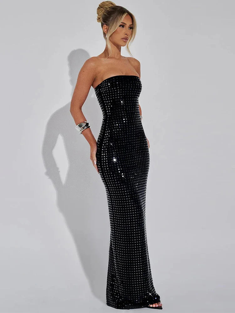 שמלת מקסי סטרפלס בעיצוב ריבועים מנצנצים - Melanie