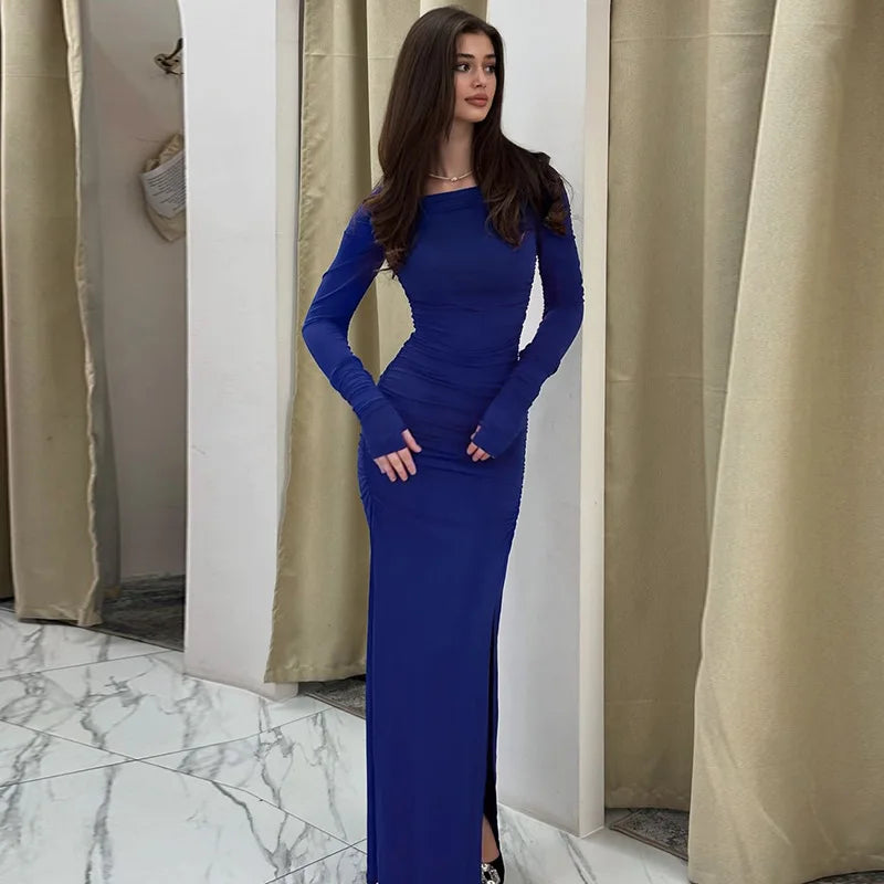 שמלת מקסי כיווצים בעיטור שסע - MARINA