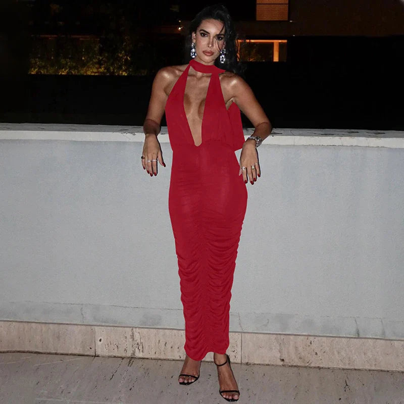 שמלת מקסי קולר כיווצים צמודה צווארון V גב פתוח - Jimena