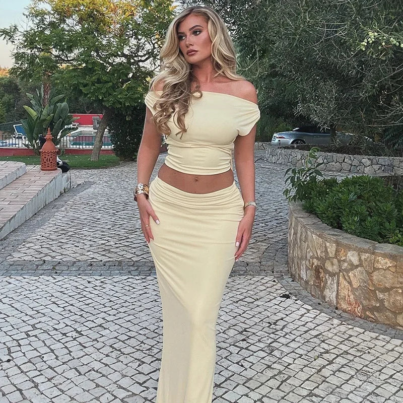 סט שני חלקים חצאית מקסי וחולצת כתפיים חשופות - ינאי