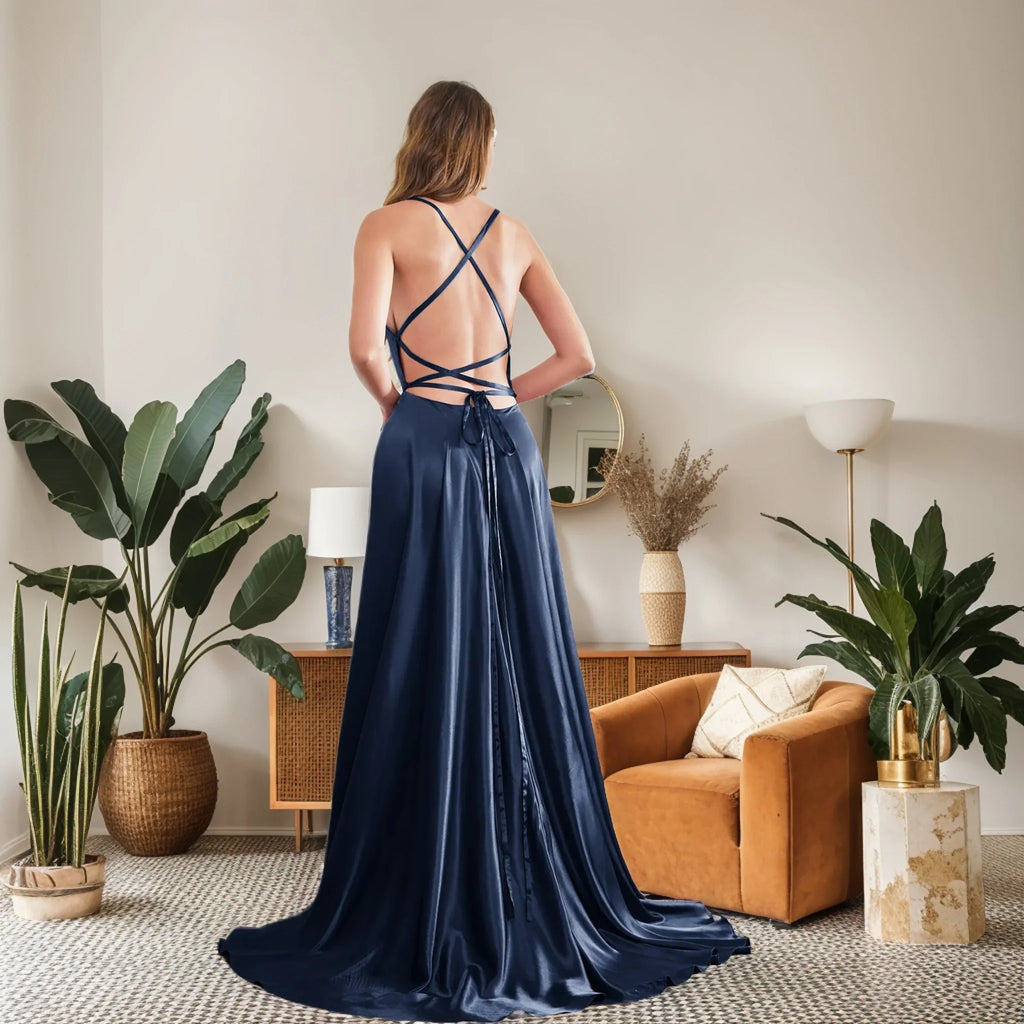 שמלת מקסי סאטן אלגנטית בעיטור שסע בגזרת A קשירה בגב - פרינס