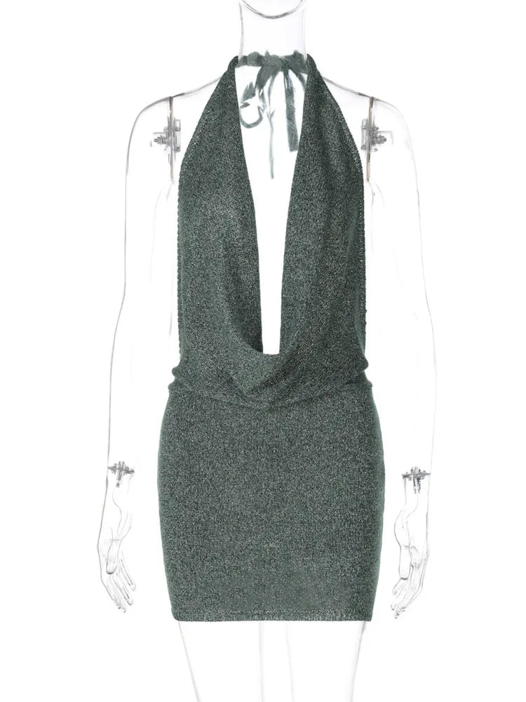 שמלת מיני סרוגה נצנצים צווארון נופל גב פתוח - קסם