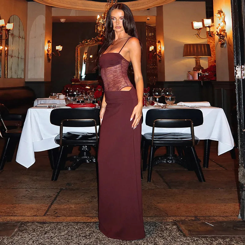 שמלת מקסי אלגנטית בעיצוב תחרה קשירה בכתפיות - Indigo