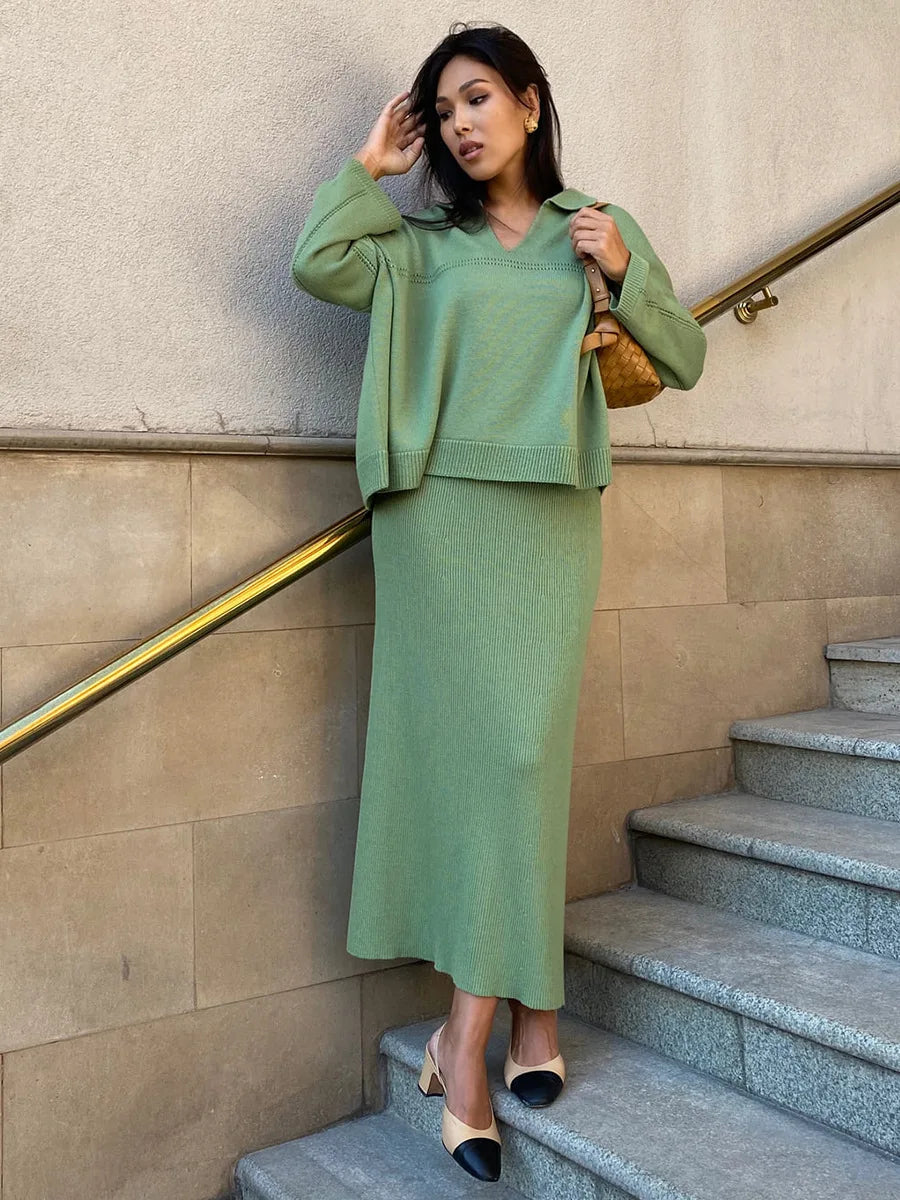 חליפת שני חלקים loose סרוגה חצאית מקסי וחולצה - שילב