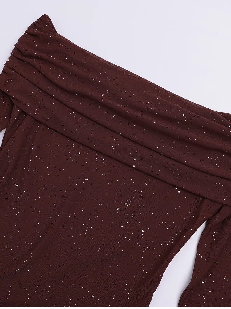 שמלת מקסי נצנצים בעיצוב כתפיים חשופות שרוולי פעמון - מרגריטה