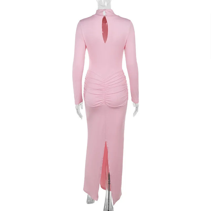 שמלת מקסי גולף בעיטור כיווצים - ורדית