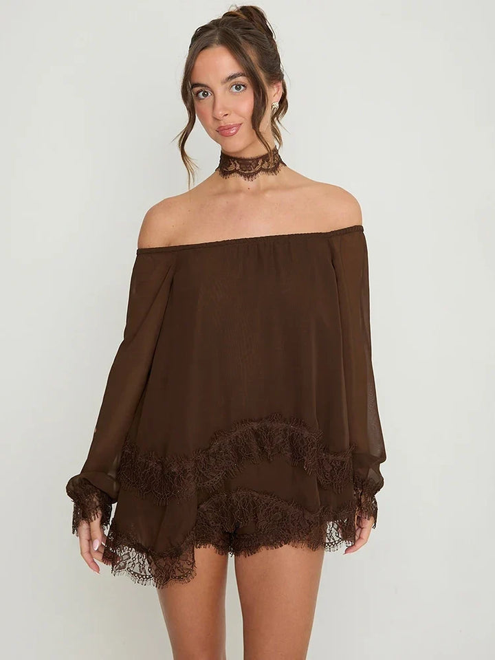 Off-the-shoulder mini dress with lace trim and matching shorts - Mali