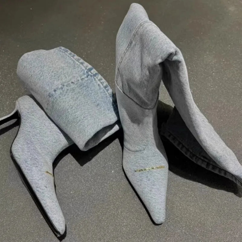 High-heeled denim pointed-toe boots - Jax