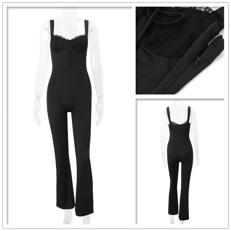 אוברול ארוך בעיטור תחרה בד מחטב גב פתוח  - מיקה