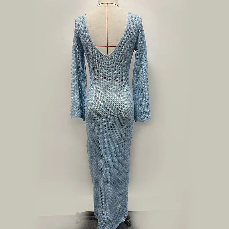 שמלת מקסי חוף סרוגה גב פתוח בעיטור סיכות פנינים - Lina