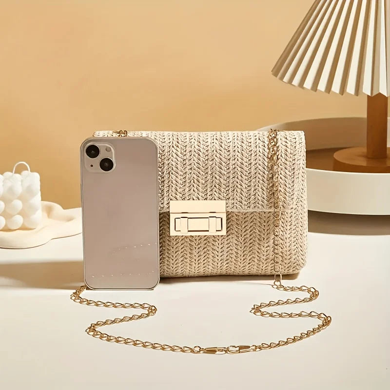 Small straw bag with chain strap design