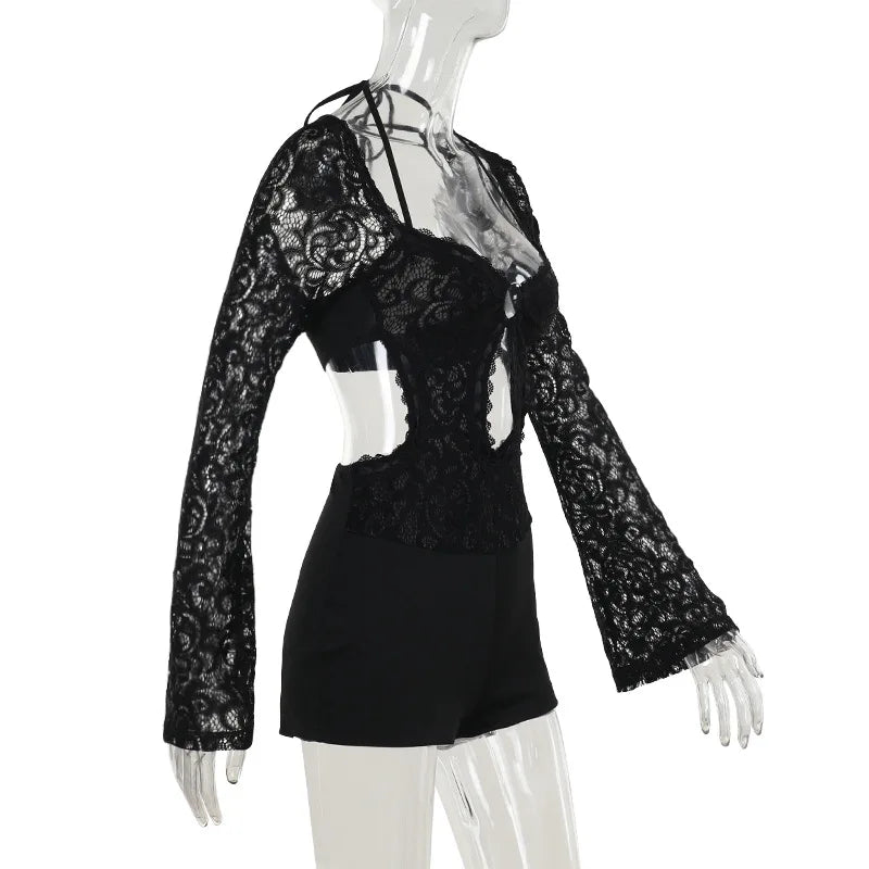 אוברול תחרה קצר שרוולים ארוכים בעיצוב חישוק וגב פתוח - Hunter