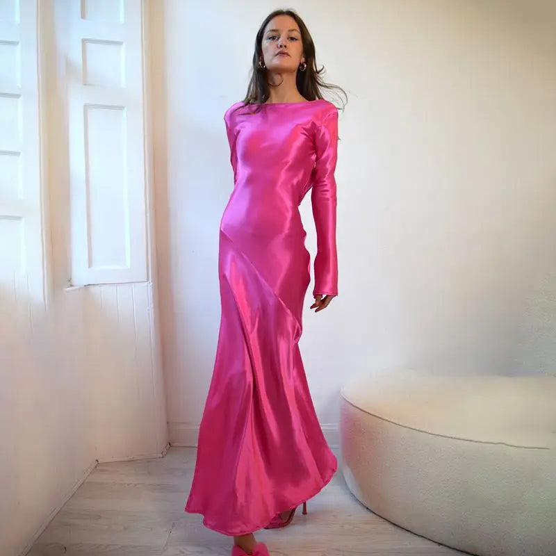 שמלת ערב מקסי סאטן גב פתוח בשילוב שסע ושרוולי פעמון  - מריאן