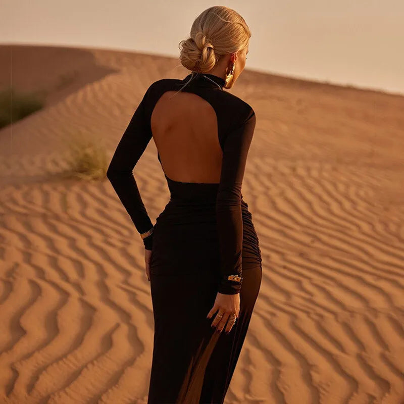 שמלת מקסי צווארון גולף גב פתוח בעיטור כיווצים - אילאיל