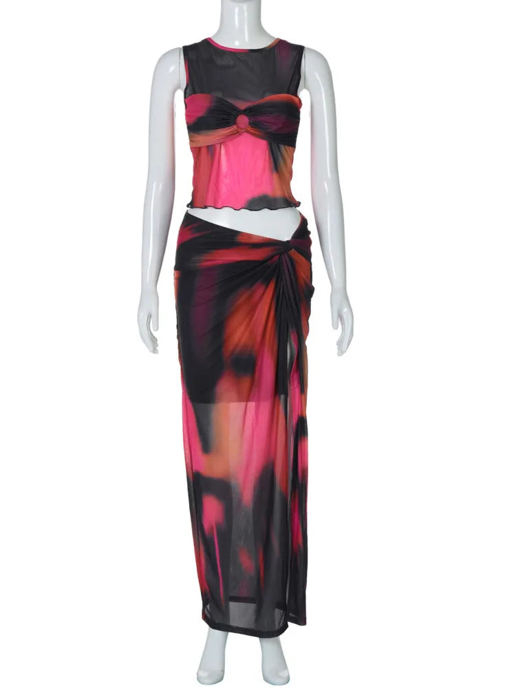 Two-piece set of mesh fabric with tie-dye design, top and maxi skirt with slit decoration - Florence