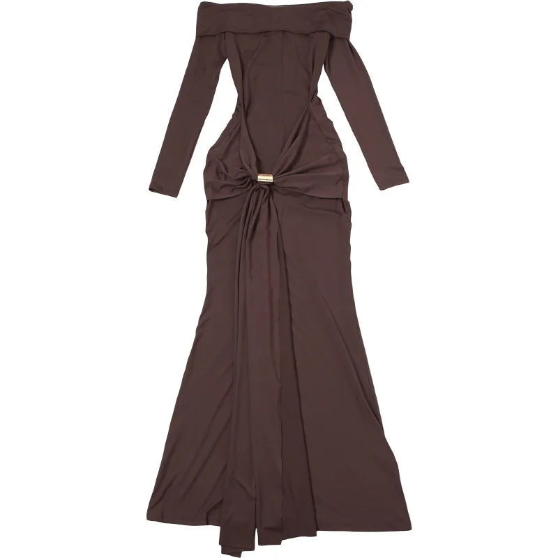 שמלת מקסי כיווצים כתפיים חשופות בעיצוב אבזם זהב - ORA