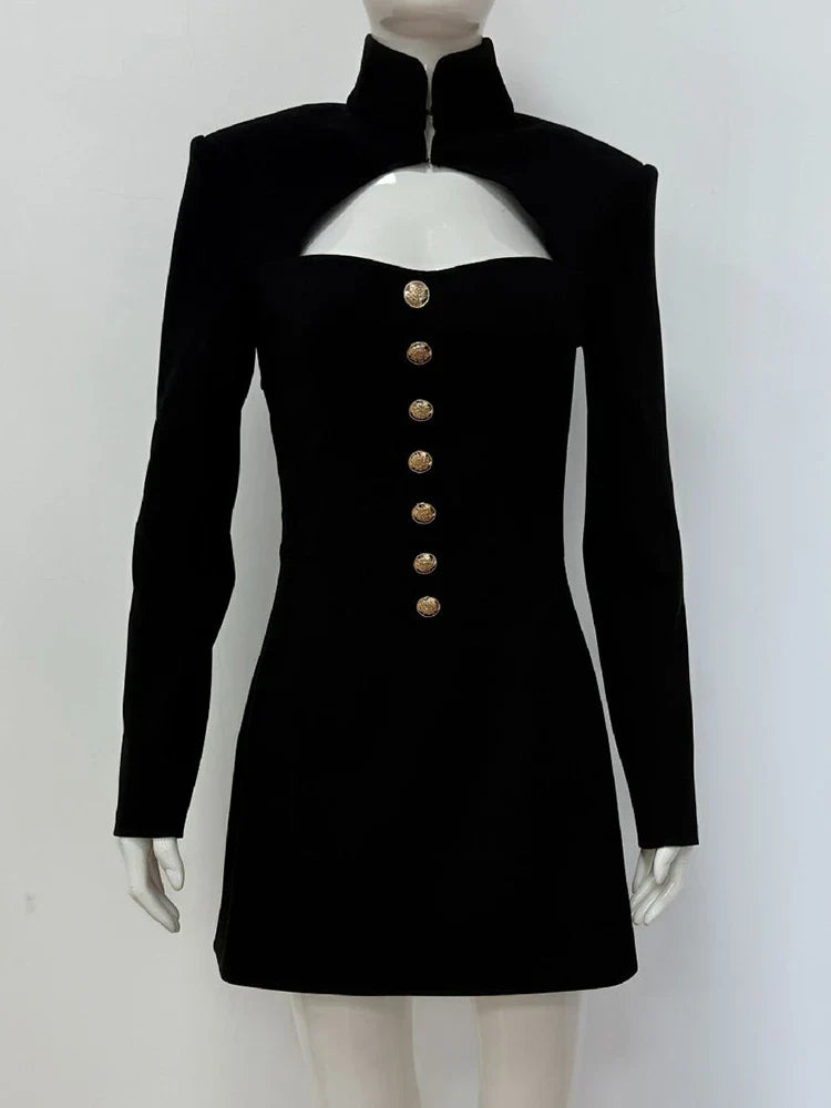 A-line tailored turtleneck mini dress with button detail - Mary Lane