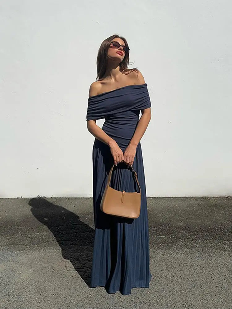 שמלת מקסי סרוגה כיווצים אלגנטית כתפיים חשופות - אלינור