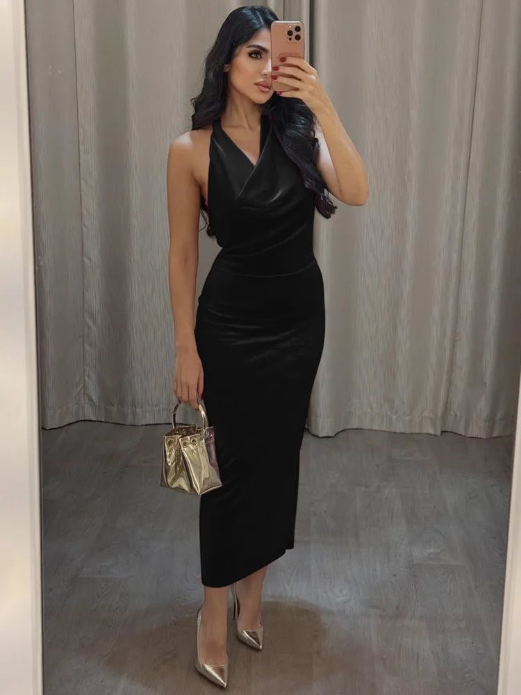 שמלת מקסי קטיפה צווארון נופל גב פתוח - מרלה