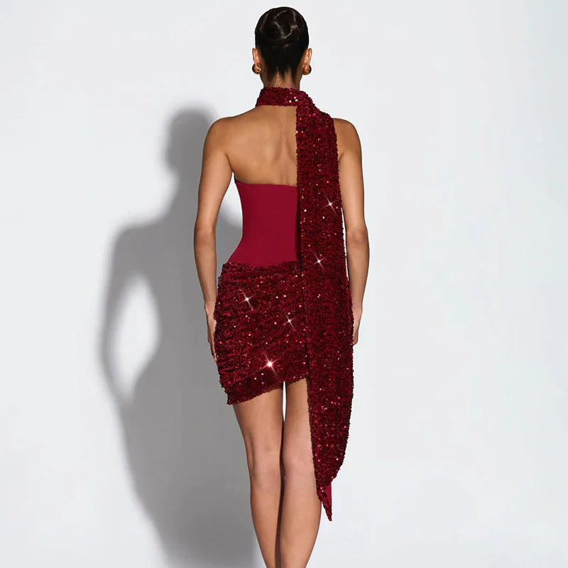 Sequin mini dress with scarf decoration - GIGI
