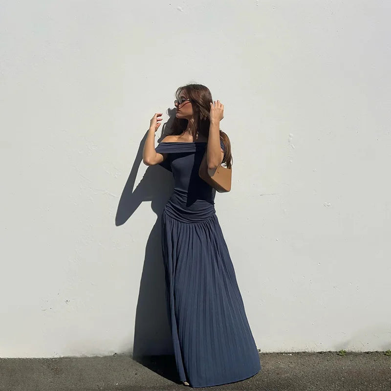 שמלת מקסי סרוגה כיווצים אלגנטית כתפיים חשופות - אלינור