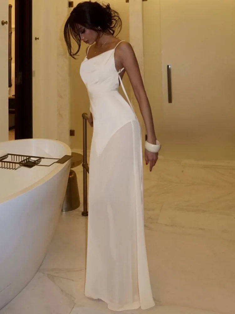 שמלת מקסי סאטן בעיטור שיפון גב פתוח - גרייסי