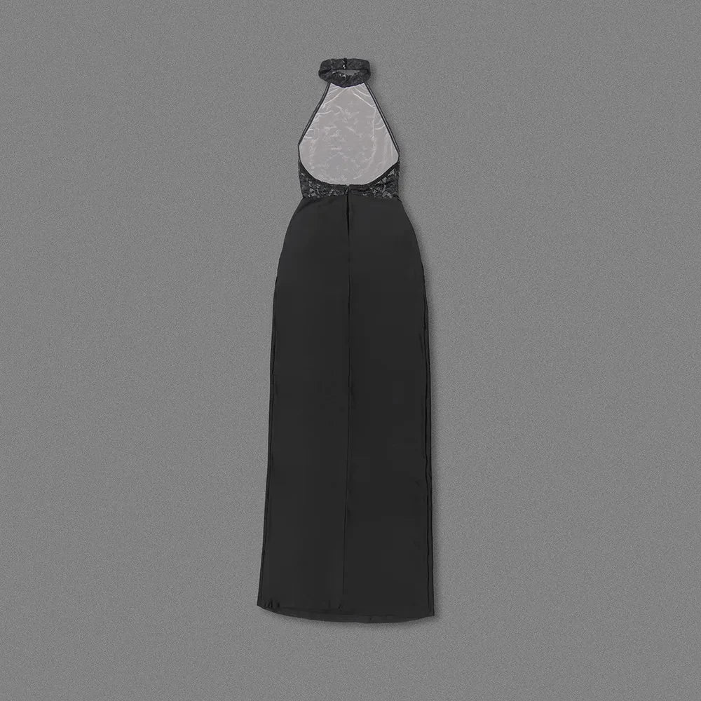 שמלת מקסי כיווצים בגזרת קולר בעיצוב תחרה אטומה גב פתוח - Elliana