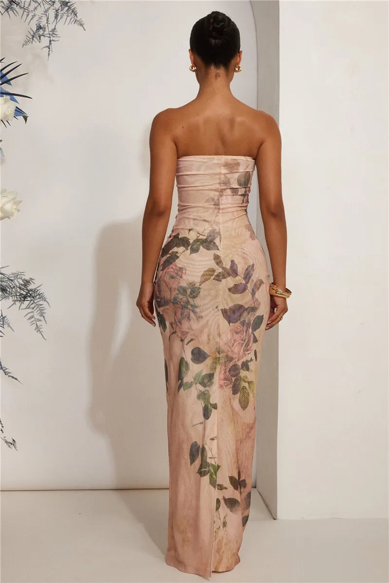 שמלת מקסי סטרפלס בעיטור הדפס פרחוני וינטג' - מאליה