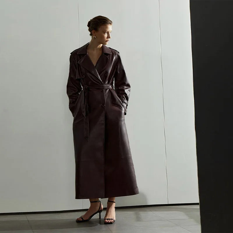 מעיל עור ארוך בעיצוב כפתורים וחגורת קשירה - LARA