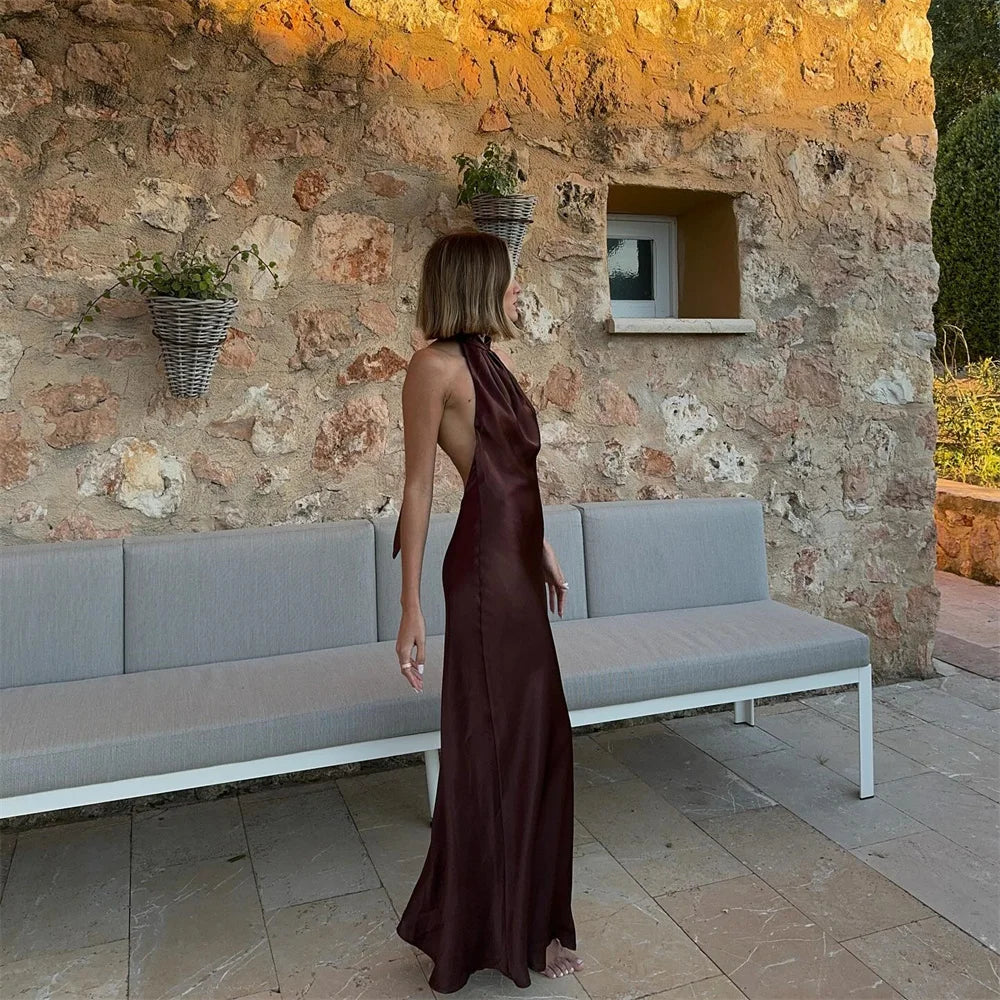 שמלת מקסי סאטן קולר גב פתוח - NURA