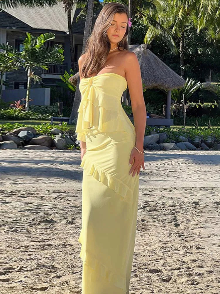 סט שני חלקים טופ סטרפלס וחצאית מקסי בעיטור מלמלה - סאני