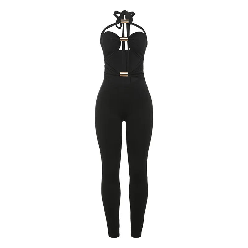 אוברול צמוד בד מחטב בעיצוב פתחים בעיטור אבזמים קשירה בצוואר - Sage