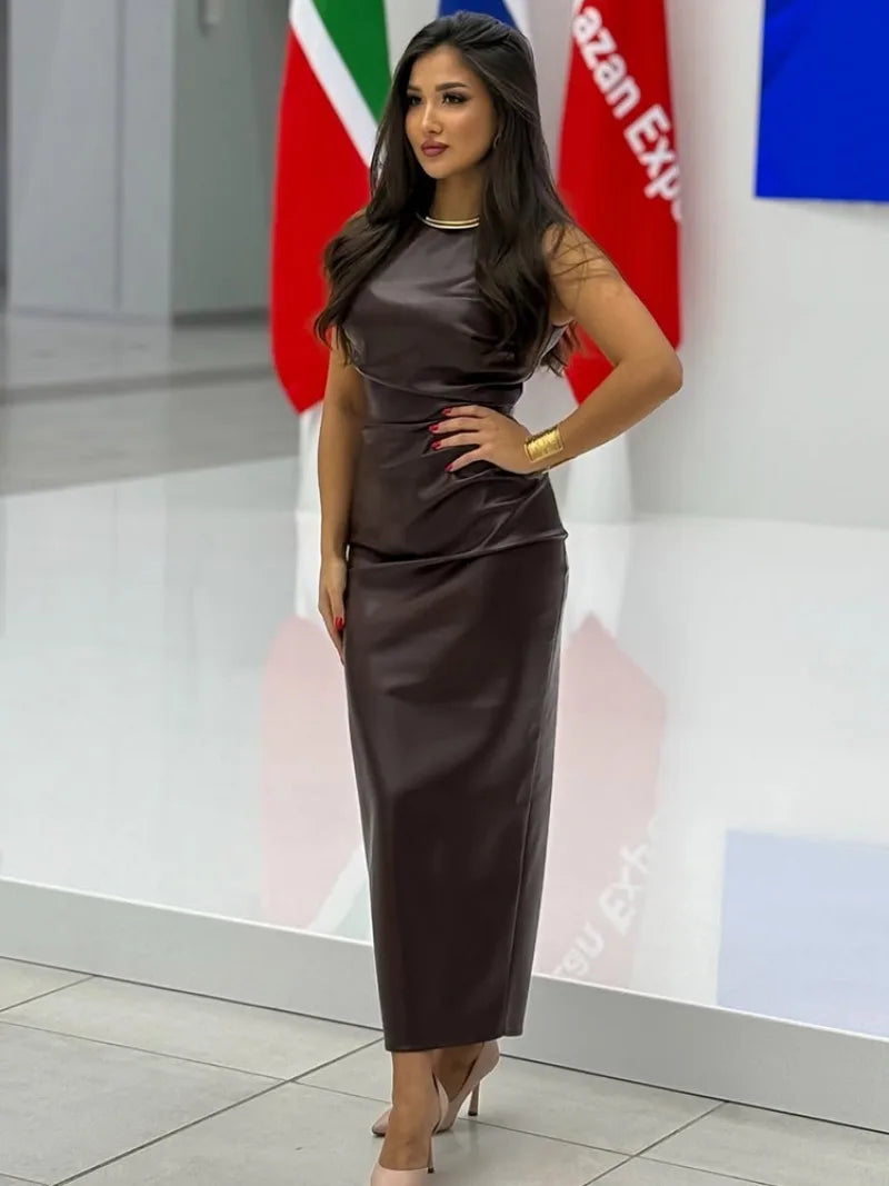 שמלת מיני/מקסי דמוי עור אלגנטית - Alexandria