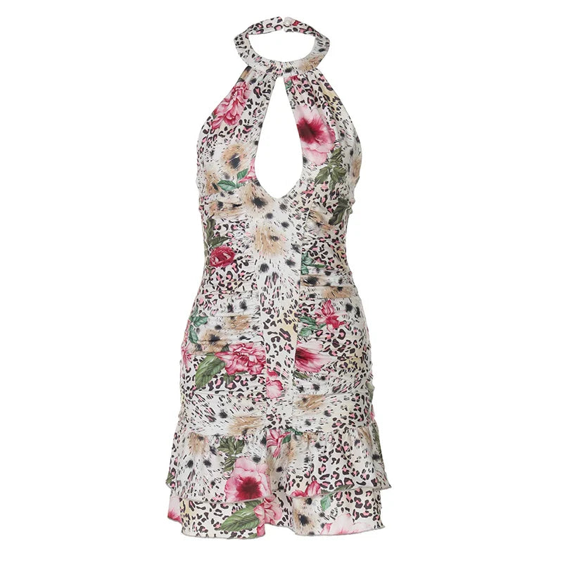 שמלת מיני קולר בהדפס מנומר בעיטור פרחים גב פתוח - צ'ילי