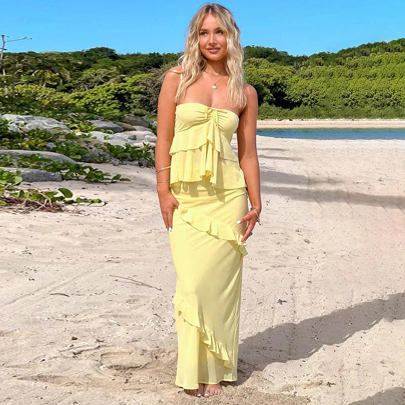 סט שני חלקים טופ סטרפלס וחצאית מקסי בעיטור מלמלה - סאני