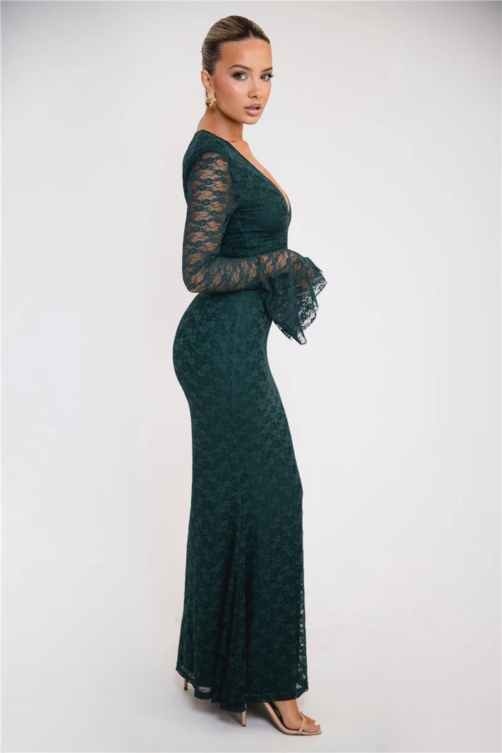 Bell Sleeve Lace Maxi Dress V Neckline - Zohara