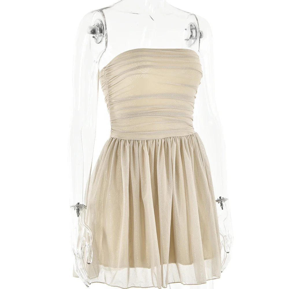 שמלת מיני סטרפלס נצנצים בעיטור קשירה מאחורה - דיימונד