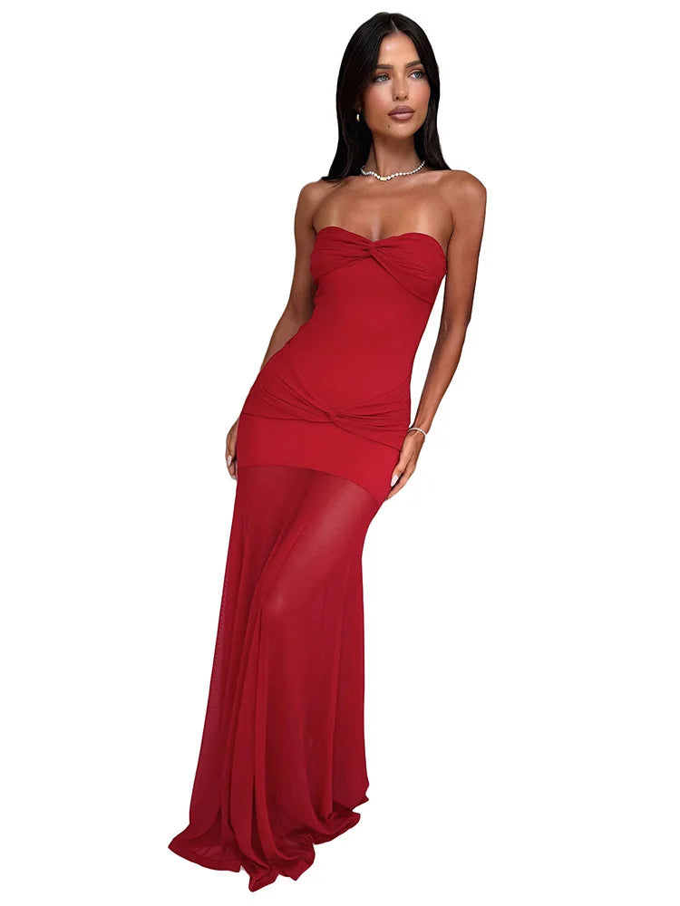 שמלת מקסי סטרפלס בעיטור שיפון וכיווצים - חסמין