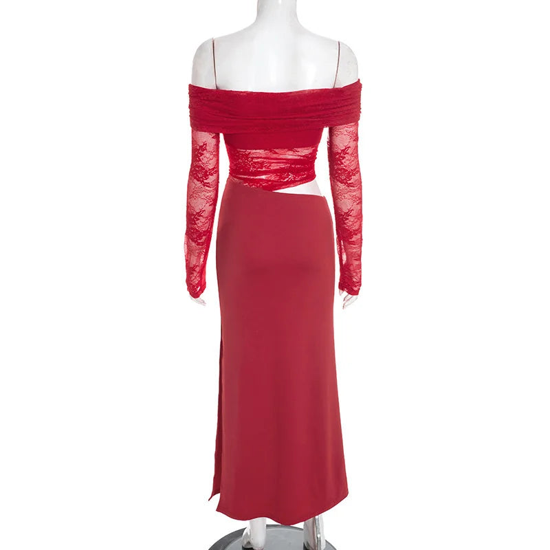 Off-the-shoulder maxi dress with lace and slit - LOLA