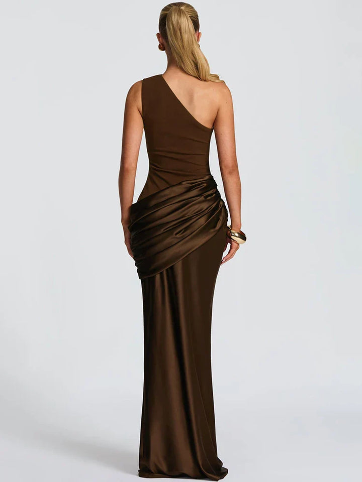 One-shoulder maxi dress with satin skirt and pleats - WENDI